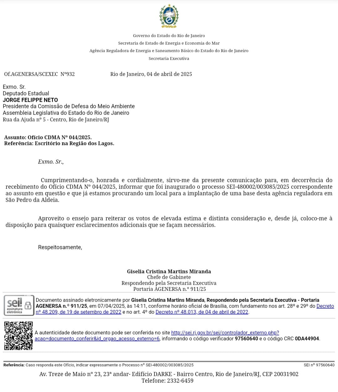 AGENERSA responde ofício de forma positiva ao pedido do Deputado Estadual Jorge Felippe Neto e se compromete a implementar uma base fiscalizadora em São Pedro da Aldeia.